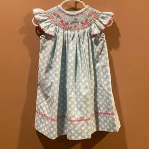 Shrimp&Grits dress.  Sand castle and crabs smocked on collar.  Girls size 18M